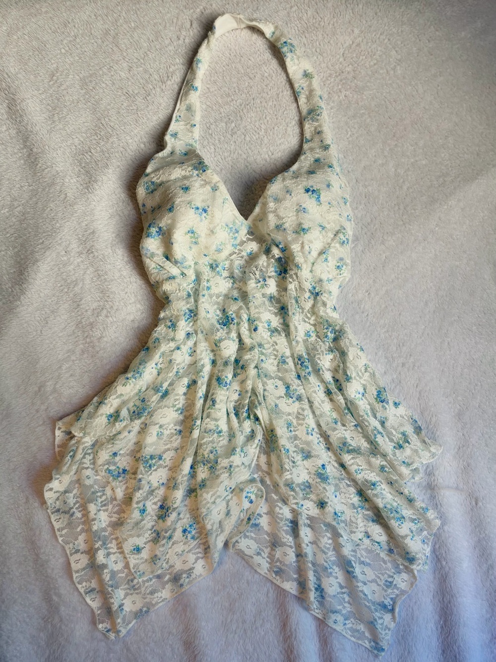 Y2k coquette Butterfly Hem Halter Top — White & Blue Floral Lace with ruffles